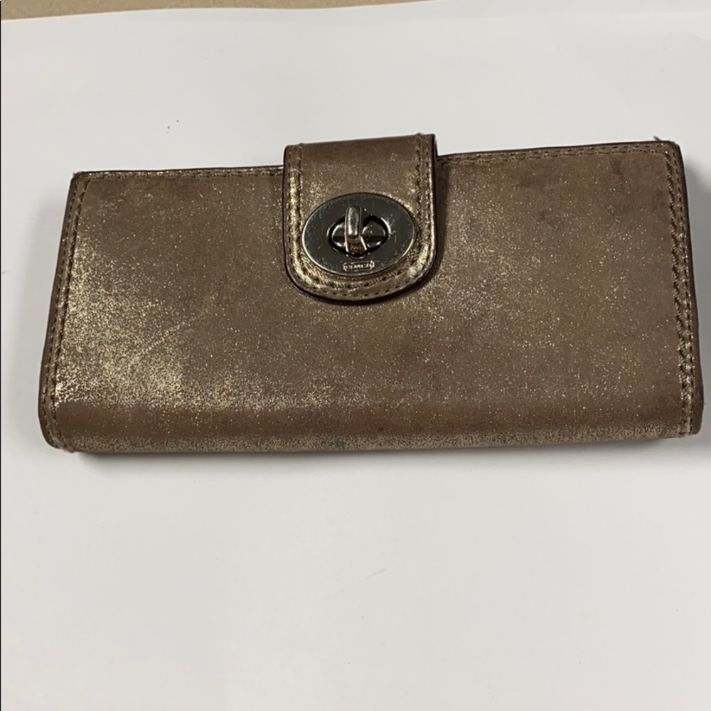 Coach Metallic Gold Leather Turnlock Clutch Wallet